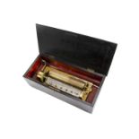 A lever-wind musical box, playing six airs, in grained case with inlaid lid (inlay defective,