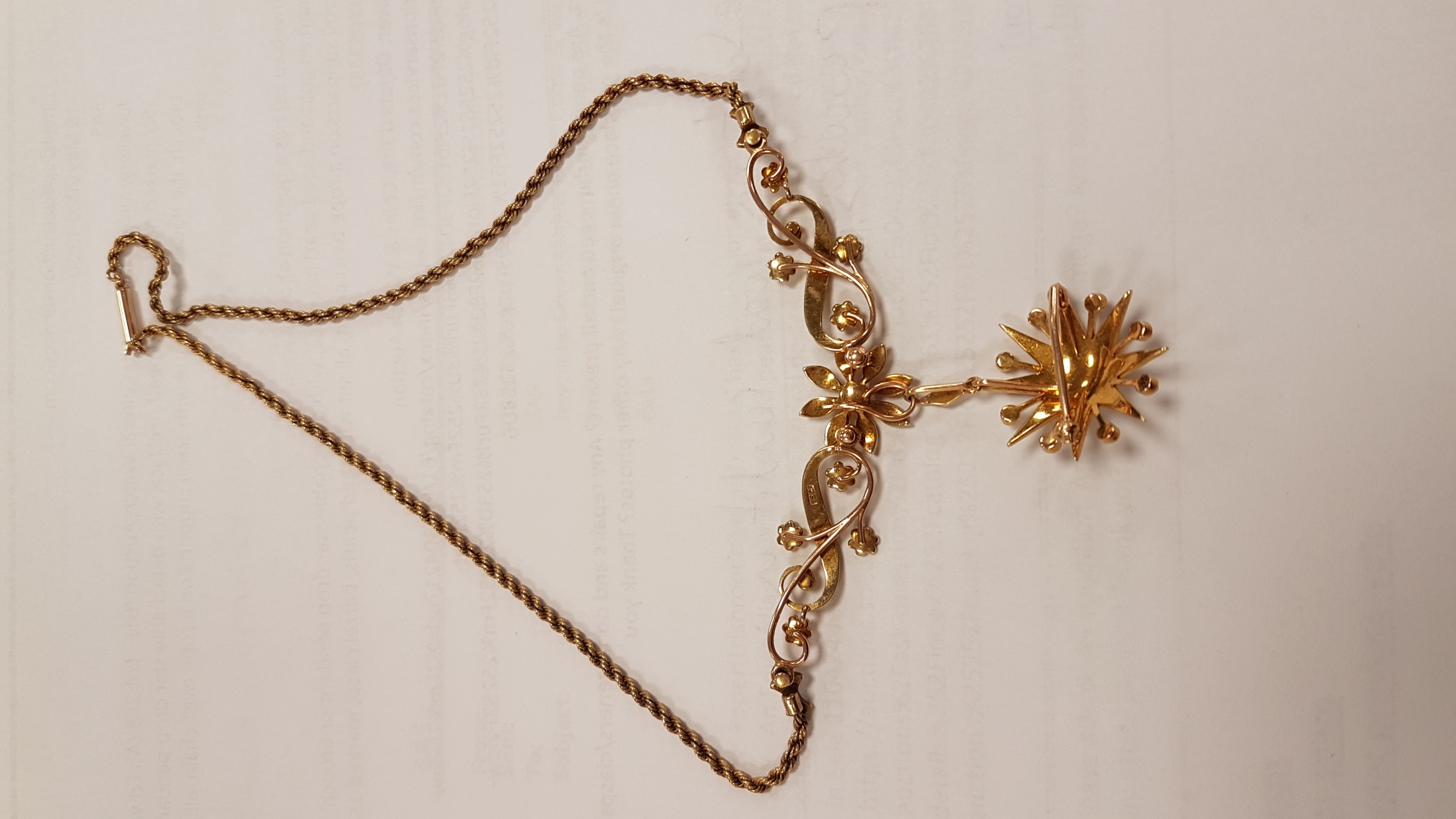 An Edwardian 15ct marked gold and seed pearl necklace, with detachable star drop pendant or - Image 3 of 3