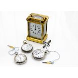 Three Victorian silver open faced pocket watches and a carriage timepiece AF