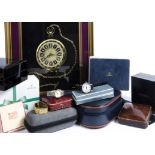 A collection of watch boxes and other items, including three watches, a pocket watch collage in