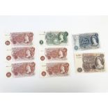 Eight 1960s British bank notes, from Fforde, including a £10, A81 727 068, a £5, a £1, two 10