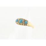 An 18ct gold turquoise and diamond ring, the three cabochon turquoise alternately set with rough cut