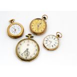 Four late 19th and early 20th Century gold ladies open faced pocket watches, two marked 18k, one