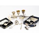 A cased Art Deco silver Christening gift feeding spoon and push set, together with silver plated