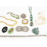 A collection of various costume jewellery, including an Art Deco simulated jade and coral brooch,