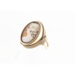 A continental yellow metal and cameo dress ring, the oval shell cameo depicting a profile of a young