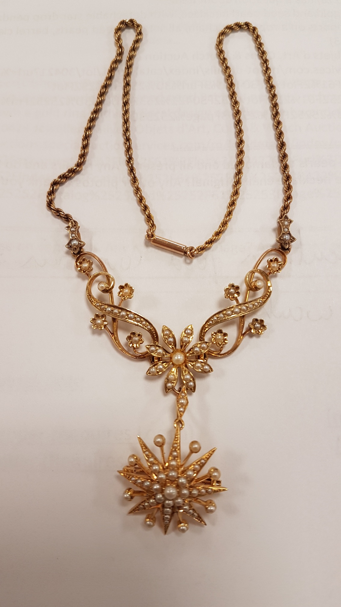 An Edwardian 15ct marked gold and seed pearl necklace, with detachable star drop pendant or - Image 2 of 3