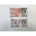 Two modern British bank notes, with a Bailey £50 and £20