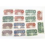 A collection of 14 1920s to 1950s British bank notes, including a Mahon £1 and 10 shillings, a