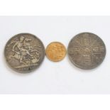 A George V gold half sovereign and two coins, dated 1912, VF, with an 1887 double florin, EF, and