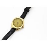 A c1940s Movado 14ct gold cased lady~s wristwatch, 18mm case, not running, on black leather strap