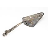 A George III silver cake slice by HS HB, with pierced triangular blade, repaired, handle with lion