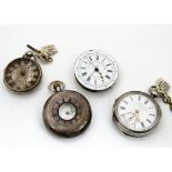 Three silver pocket watches and a pocket watch movement, all AF, one a half hunter from JW Benson (