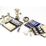 A collection of silver and silver plate, including a cased pair of silver salts, a 1950s silver