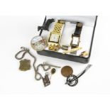 A collection of miscellaneous jewellery, including a white metal watch key and chain, a scarab