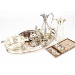 A collection of silver and silver plate, including a Sheffield plate tray, a cut glass and plated