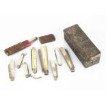 Five Victorian and later silver and mother of pearl pocket fruit knives, together with four