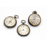 Three Victorian silver open faced ladies pocket watch, each with engraved dial with gilt Roman