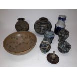 Studio Pottery, various pieces comprising cylindrical vase with stylised blue glaze, (22cm high),
