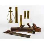 A collection of brassware and tools, including a gimbal lamp, brass marking gauge, saw and more (