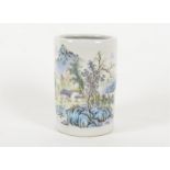 A 20th Century Chinese brush pot, with transfer printed decoration of a house within the