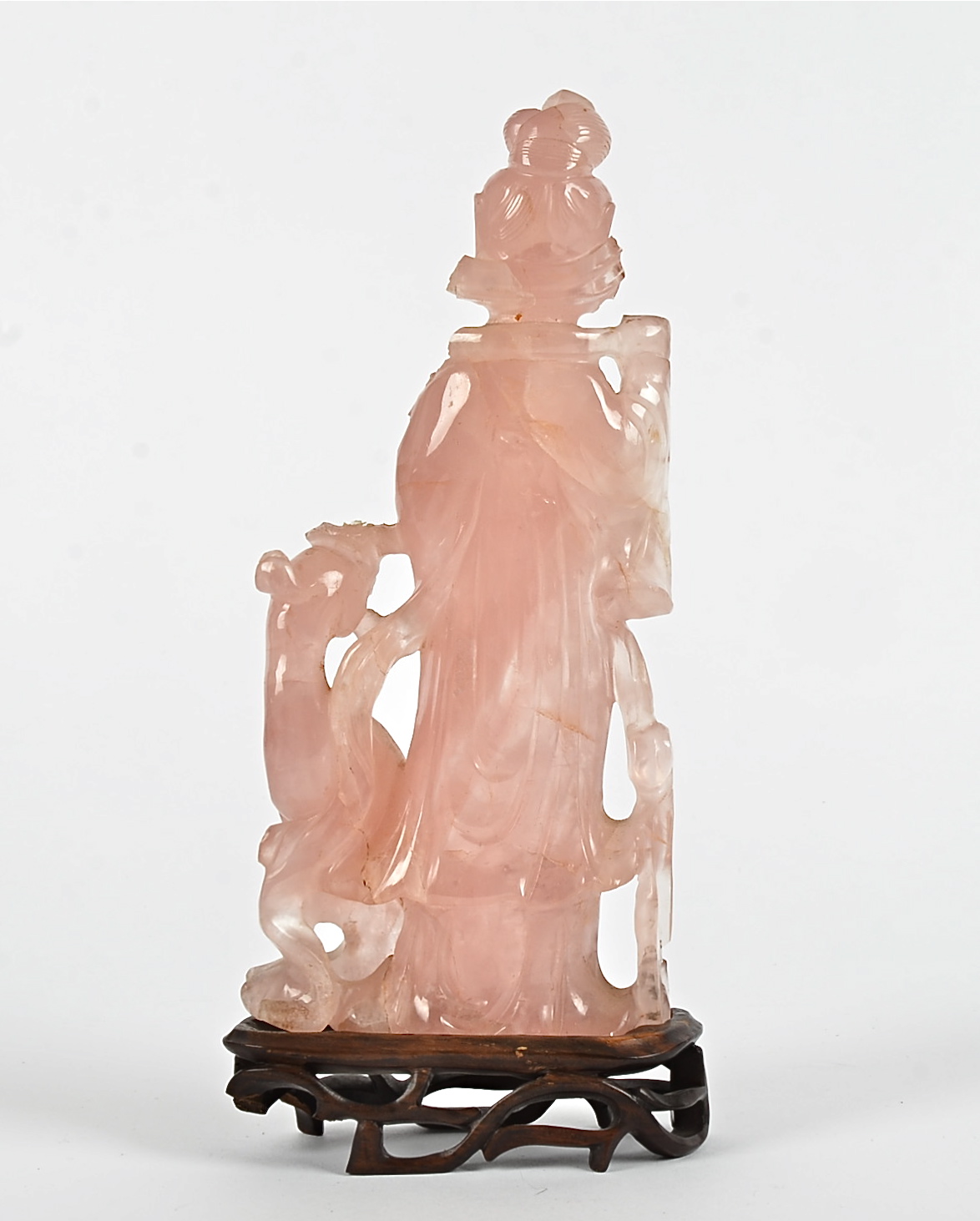 A Chinese rose quartz figure, probably Guanyin, height 23cm, together with a wooden stand, a/f - Image 2 of 2