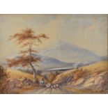 After David Cox 19th Century watercolour, shepherd on horseback with flock down a country lane, with