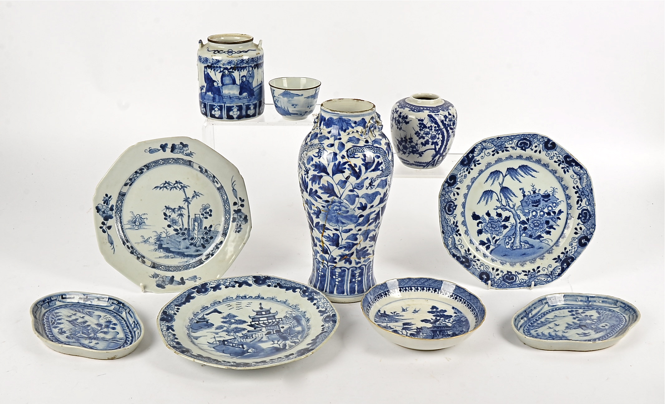 A collection of blue and white porcelain, including two vases (one AF), two bowls, three plates, two