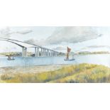 R Atkinson 20th Century watercolour, bridge over estuary, signed lower left, 28cm x 53cm