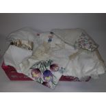 Linen and Lace, two boxes of vintage table linen and lace including many embroidered examples, F-