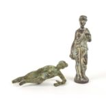 Two bronze figures, modelled in the antique style, one of a woman in classical attire holding a bowl