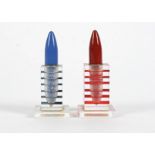 Two Art Deco Lucite lighters, of geometric design, modelled as lipsticks, height 8.5cm (2)