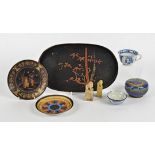 A collection of Asian works of art, including a cloisonne box and cover decorated with dragon and