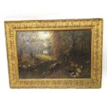 Edwardian Oil on Canvas Signed H Cooper, depicting a wooded river scene with a foot bridge and