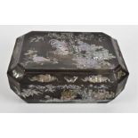 A Japanese Meji period mother of pearl inlaid jewellery box, of cushion hexagonal shape decorated