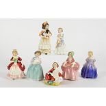 Seven Royal Doulton figures of young girls, Bo Peep HN1811, Bunny HN2214, Marie HN1370, My First Pet