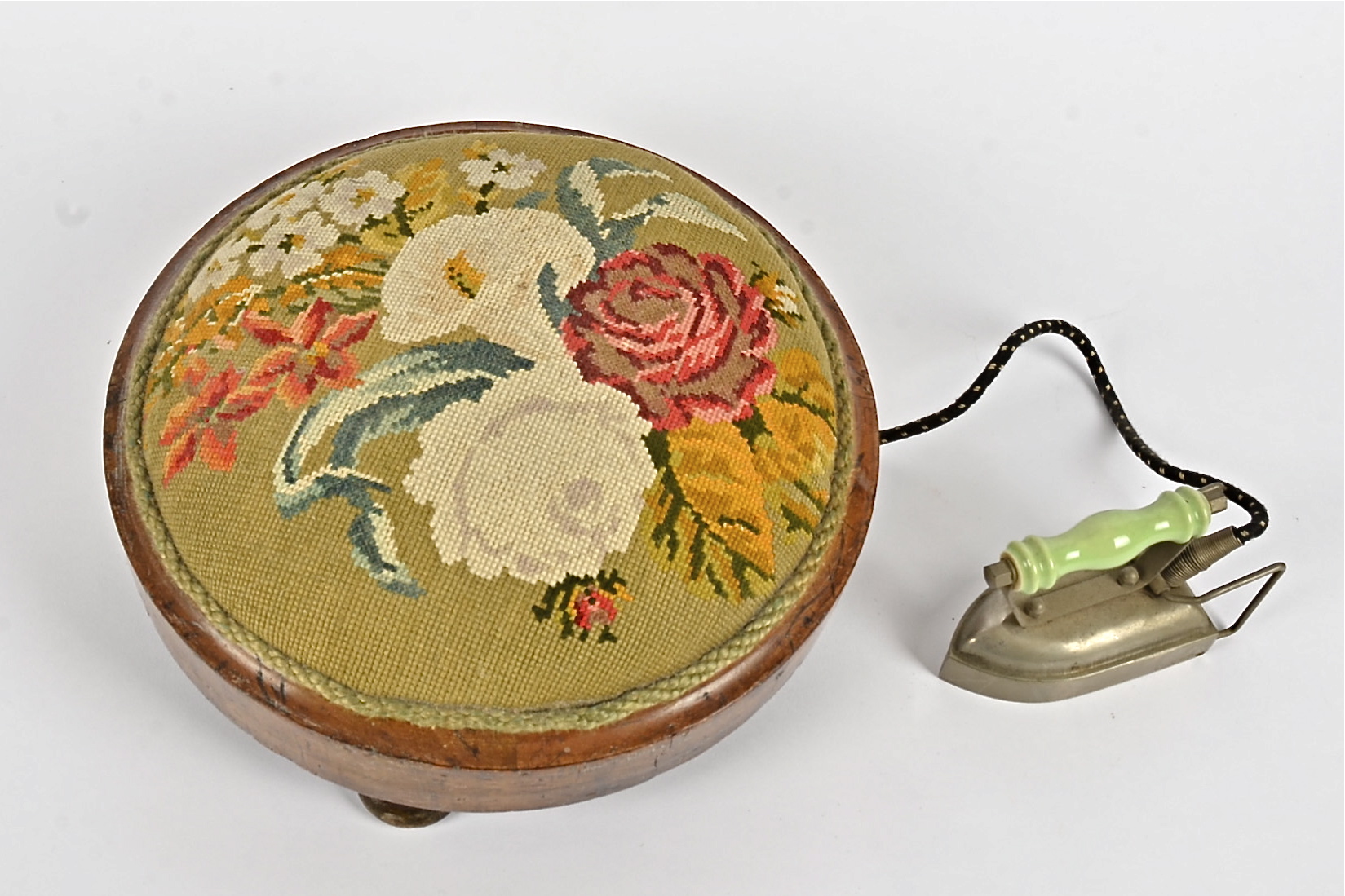 A 20th Century footstool, embroided with flowers upon a green ground, together with a 1950's - Bild 2 aus 2