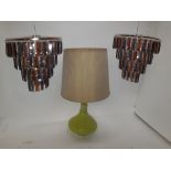 1960s Table Lamp and Ceiling Lights, a green glass table lamp with original shade (43cm high)