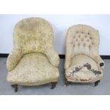 Two Victorian button-back chairs, one with beige floral upholstery, both raised on turned walnut