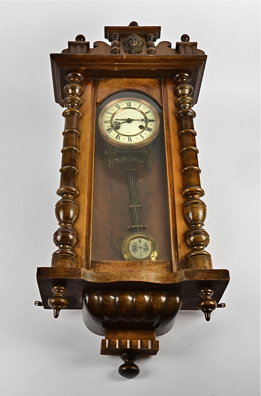 An oak aneroid barometer, length 88cm, together with a walnut hall clock, with enamel dial, pendulum - Image 2 of 2