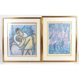Three African art prints, one a cubist style image of a lady with indistinct signature to lower