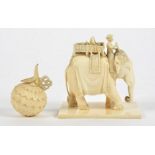 Two ivory and bone objet d'art, the first a study of an elephant with riders, height 6.5cm, a/f with