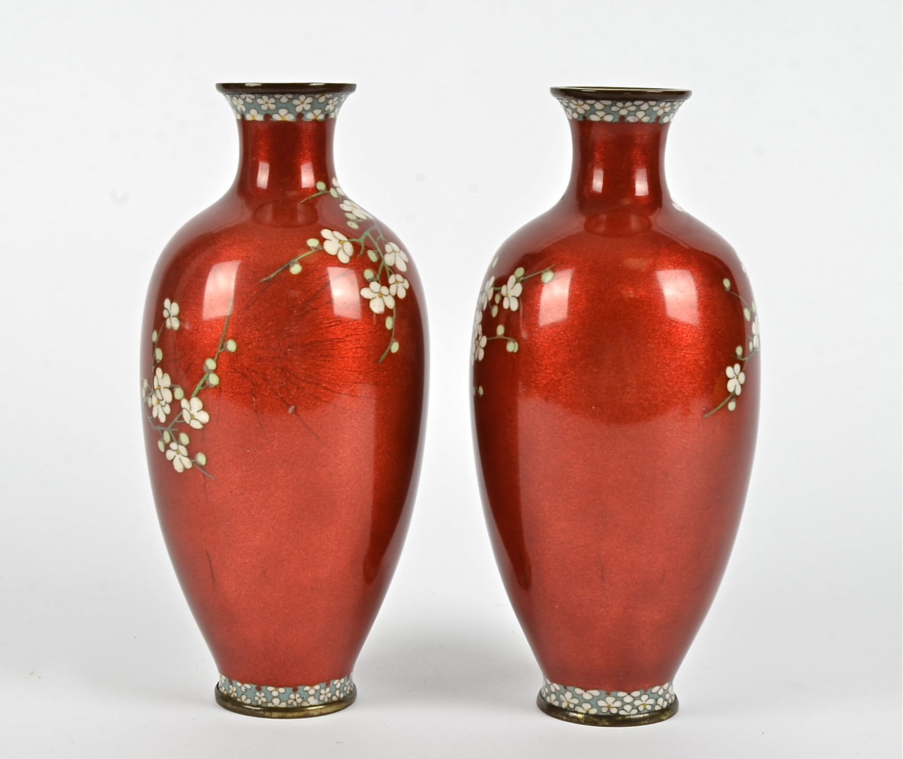 A pair of Japanese cloisonné vases, red ground decorated with birds on floral branches, height 24cm, - Image 2 of 3