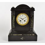 A Victorian slate mantel clock with applied marble detail, white enamel dial with Roman numerals, on