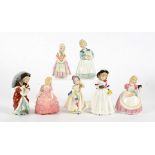 Seven Royal Doulton figurines, HN1679 Babie, HN1936 Miss Muffett, HN2218 Cookie, HN1368 Rose, HN1680