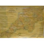 A Victorian Bacon's Excelsior map of Devon and Cornwall, showing railways, roads, elevations and