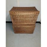 Vintage Laundry Hampers, a pair of wicker laundry hampers of tapering form with hinged lids (one