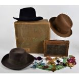 Three gentlemans' suede hats, a brown example by Wybro, inner circumference 56cm, a grey Malyard