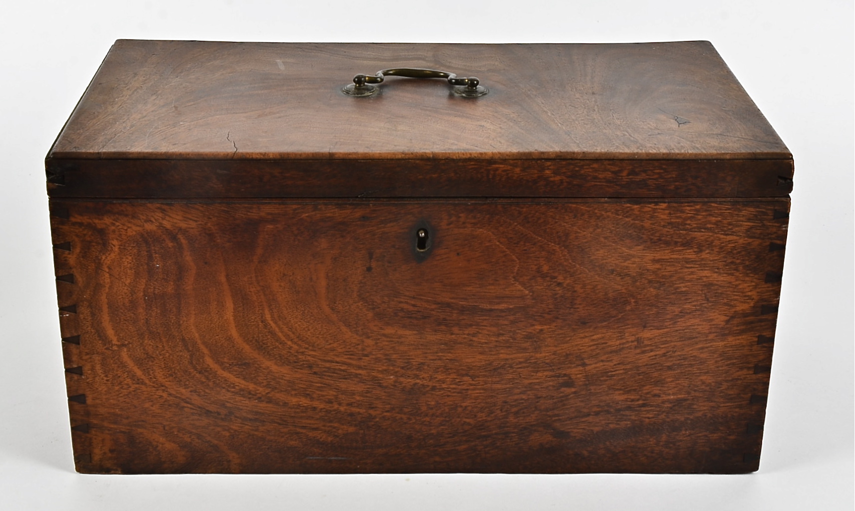 A George III mahogany hinged casket, of rectangular shape, with revealed dovetail decoration, length