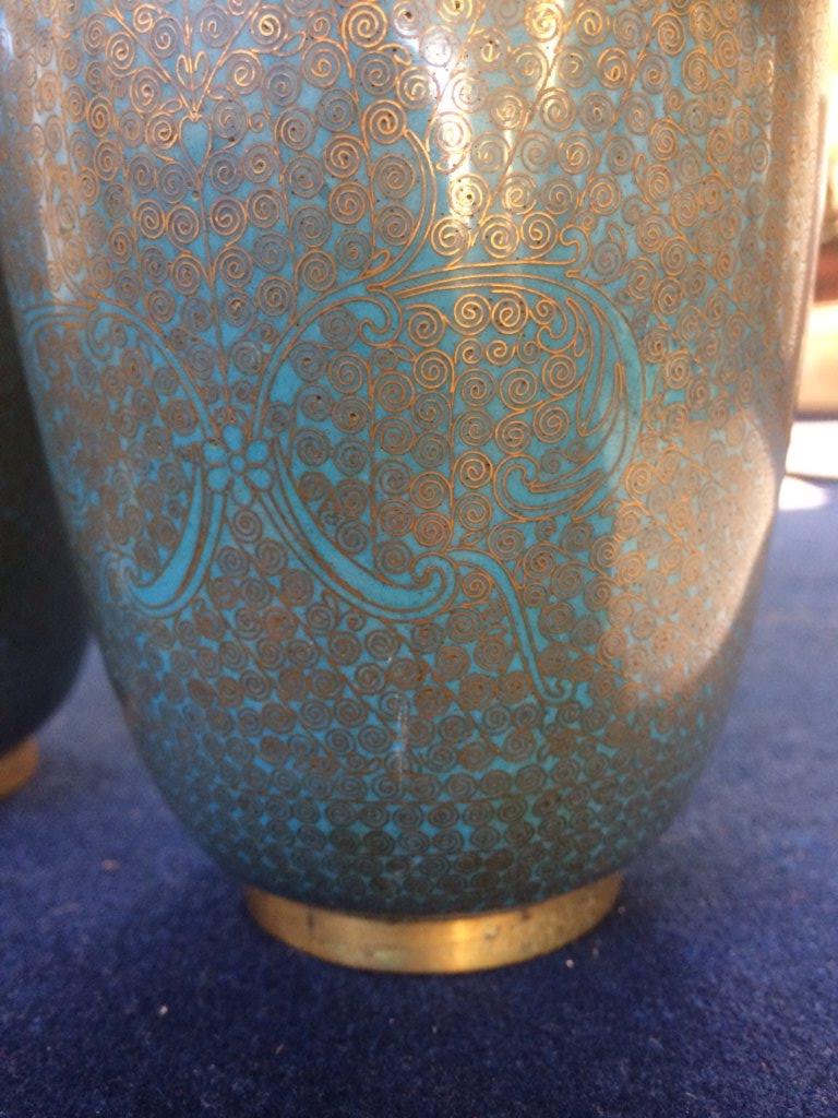 A pair of Asian cloisonné enamel vases, with uniform turquoise colouring, the intricate metalwork - Image 2 of 5